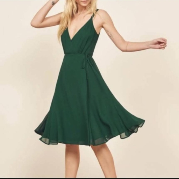 Reformation Green Midi Dress Wrap Mallory Dress Emerald Green XS - Picture 1 of 10